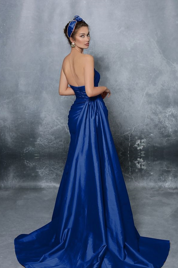 Royal Blue Sweetheart Strapless Sleeveless A Line Prom Dress With High Split