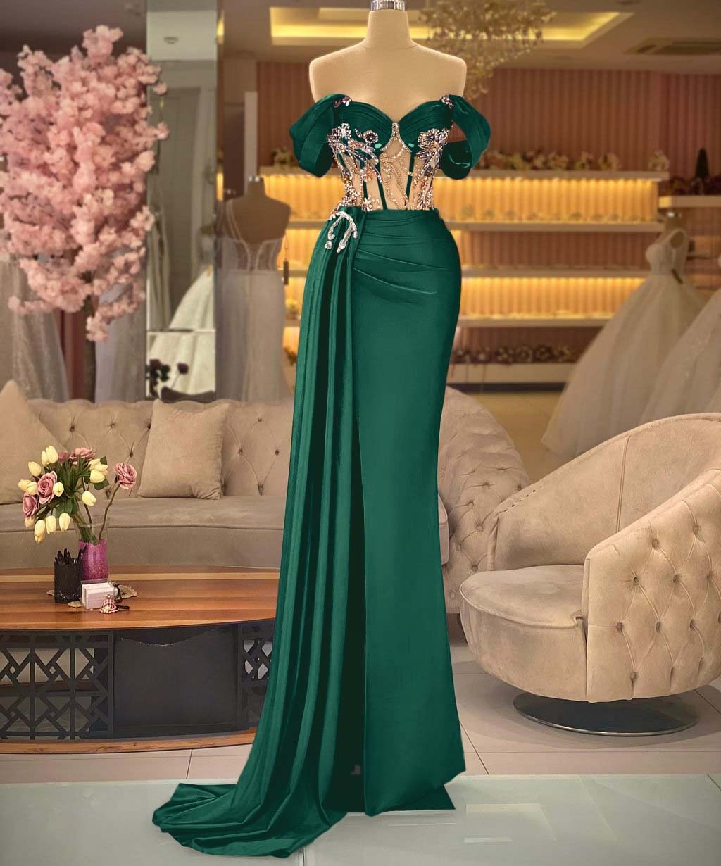 Elegant Off the Shoulder Royal Blue Beaded Sleeveless Prom Dress With Split