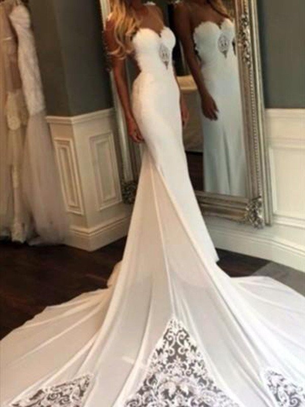 Cathedral Train Sexy Mermaid Sweetheart Applique Lace Sleeveless Wedding Dresses UK