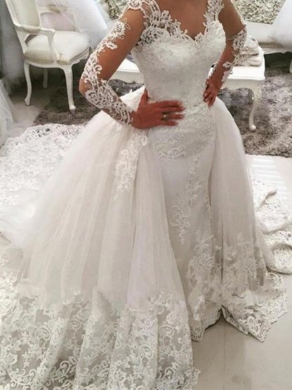 Long Sleeves V-Neck Ball Gown Applique Lace Cathedral Train Tulle Wedding Dresses UK