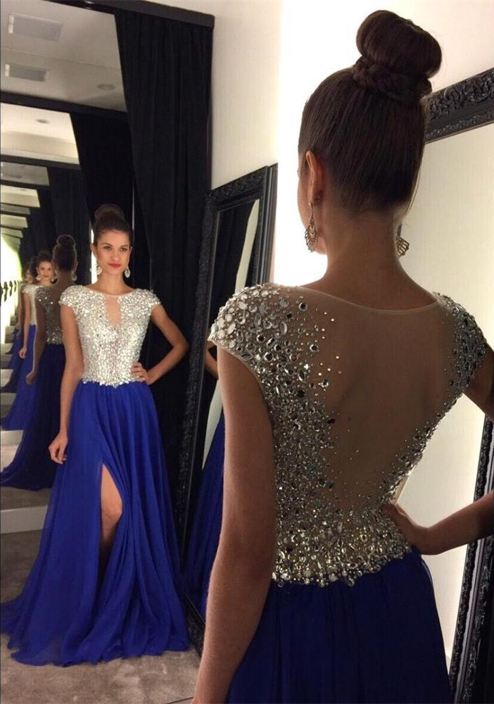 Stunning Cap Sleeve Royal Blue Prom Dress UKes UK Long Chiffon With Crystals AP0
