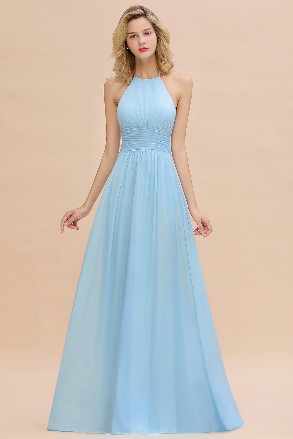 Halter Sky Blue Ruched Chiffon Long Bridesmaid Dresses