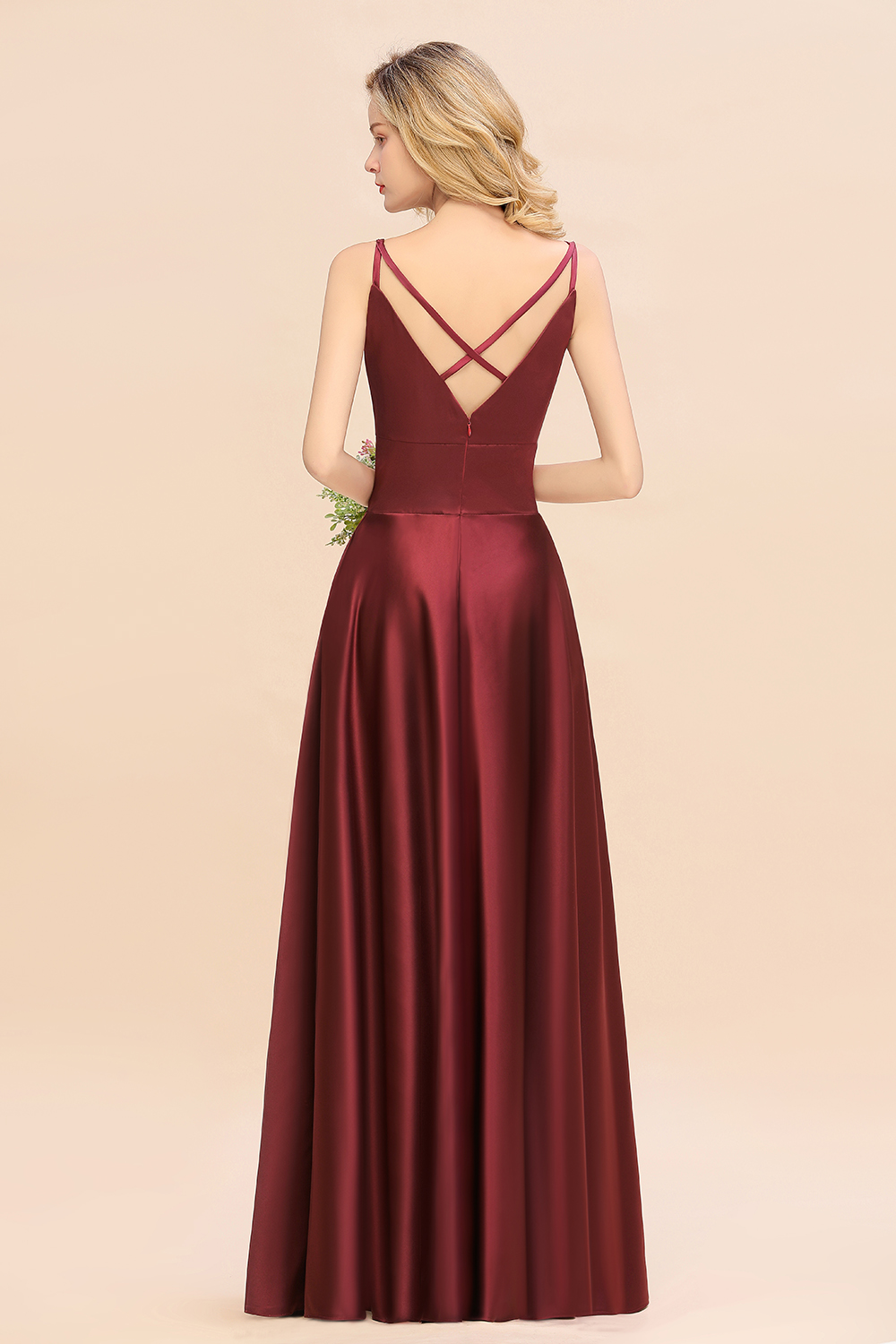 Spaghetti Straps Burgundy Satin Long Bridesmaid Dress Simple V-Neck Party Dress
