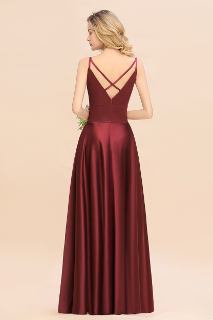 Spaghetti Straps Burgundy Satin Long Bridesmaid Dress Simple V-Neck Party Dress