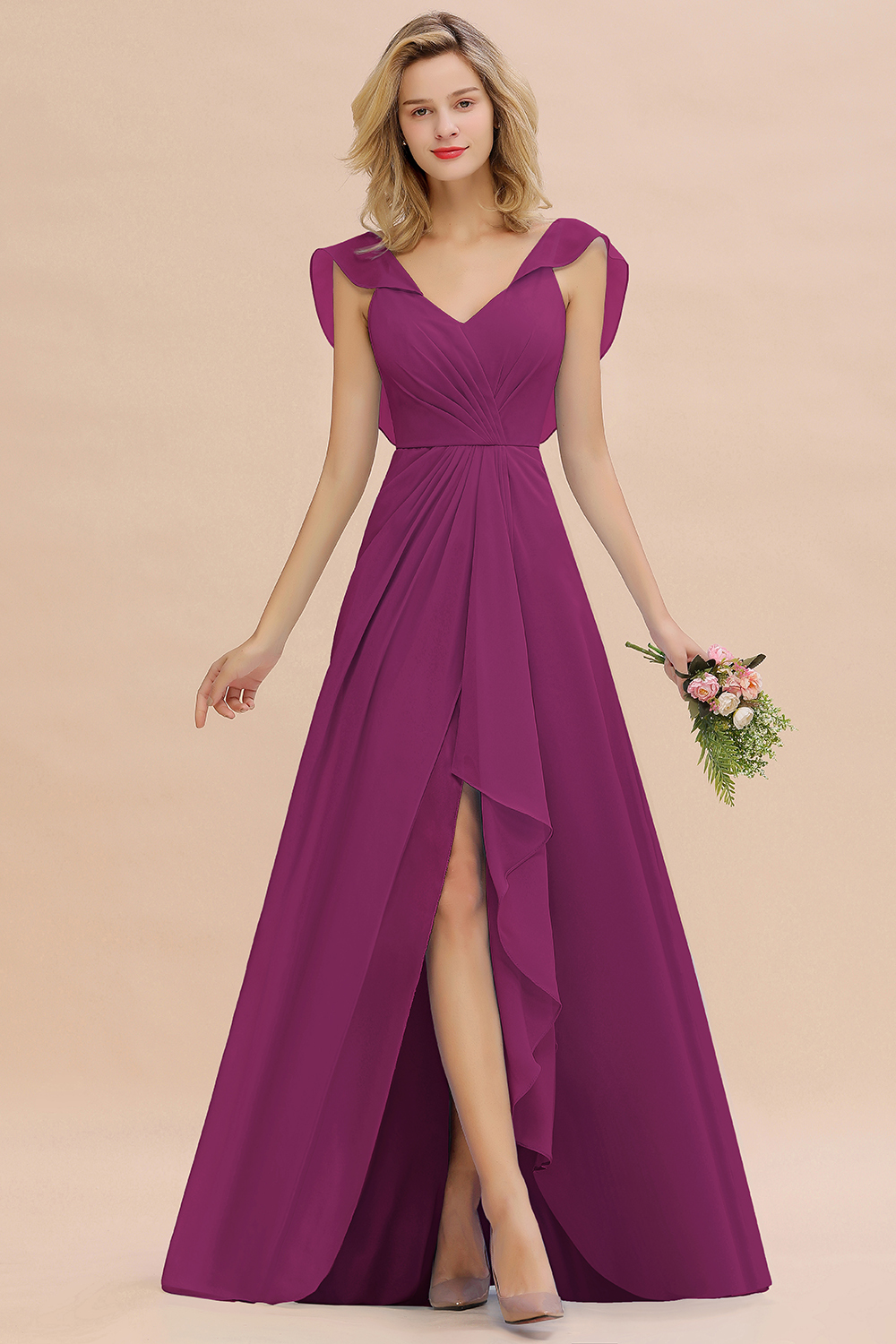 V-Neck A-line Bridesmaid Dress Chiffon Long Wedding Party Dress with Split