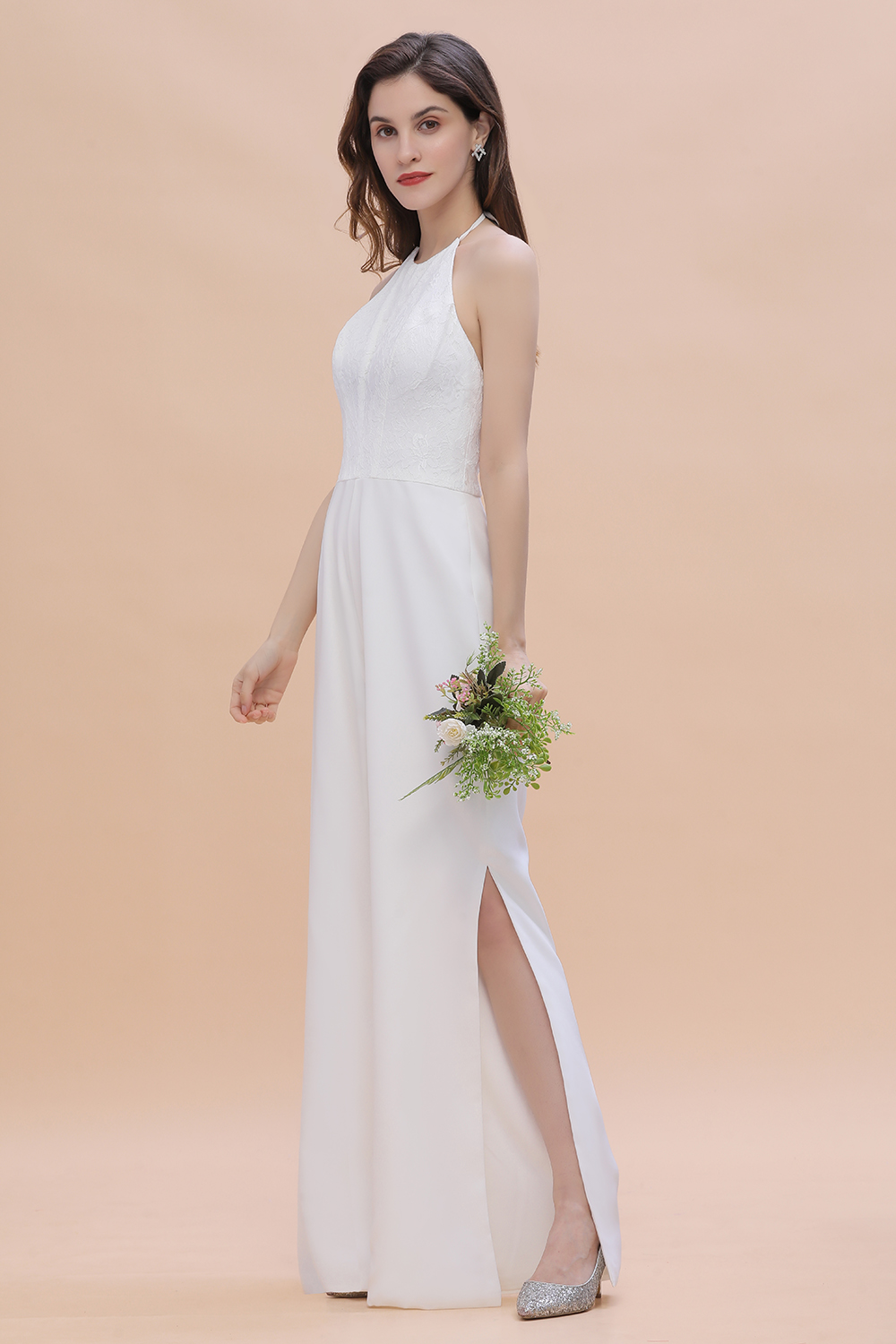 Halter Lace Long Bridesmaid Jumpsuit Side Slit Backless