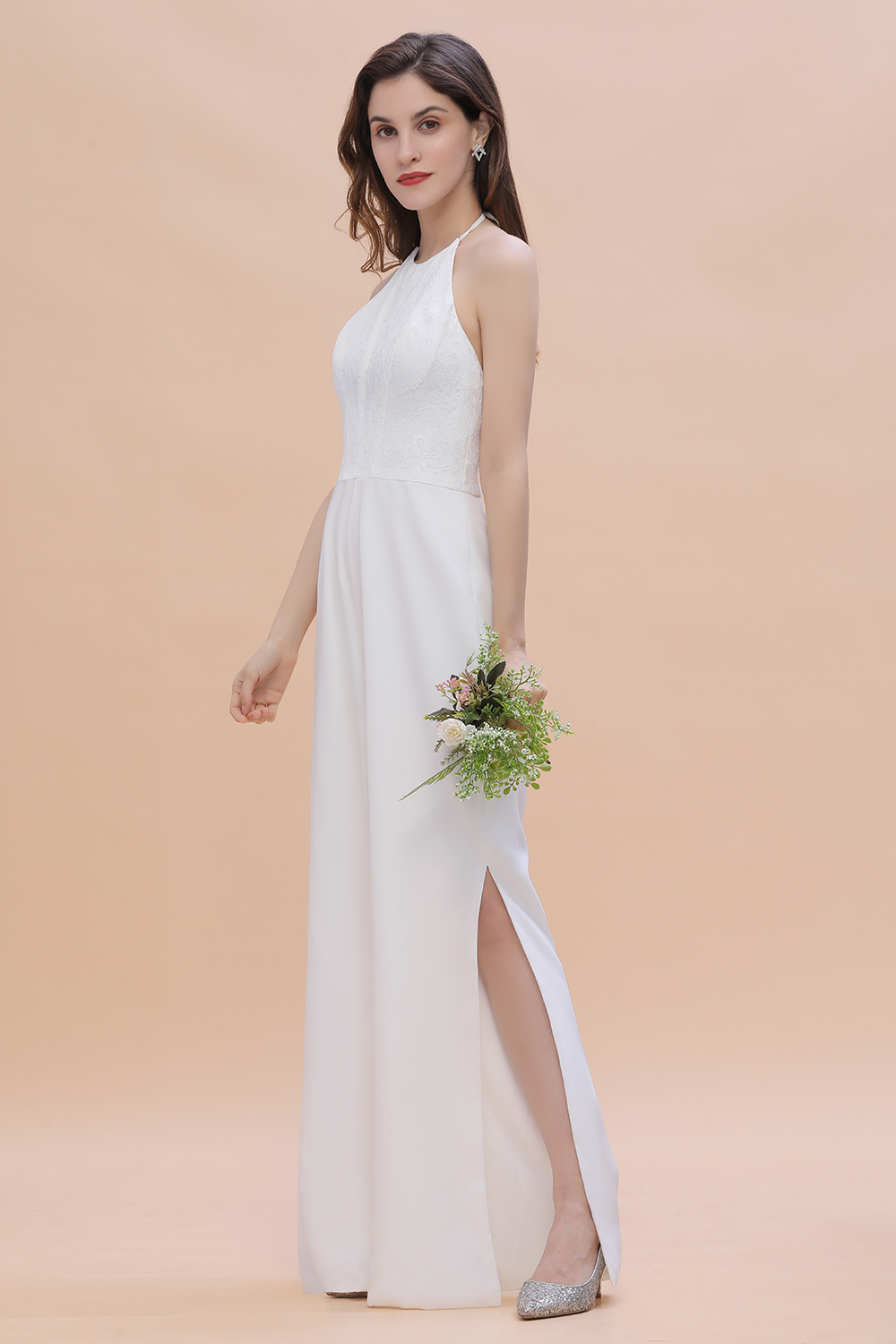 Halter Lace Long Bridesmaid Jumpsuit Side Slit Backless