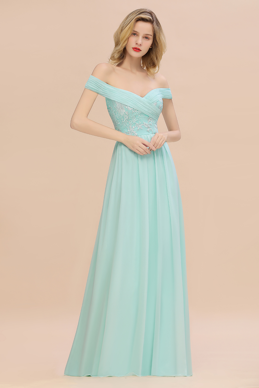 Off-the-Shoulder Mint Green Embroidery Chiffon Long Bridesmaid Dress