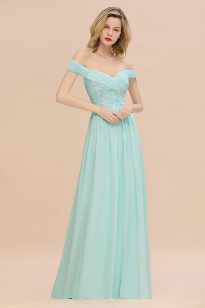 Off-the-Shoulder Mint Green Embroidery Chiffon Long Bridesmaid Dress