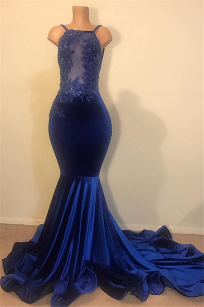 Elegant Hot Mermaid Spahgetti-Straps Backless Velvet Applique Prom Dress UK-27Dress.co.uk