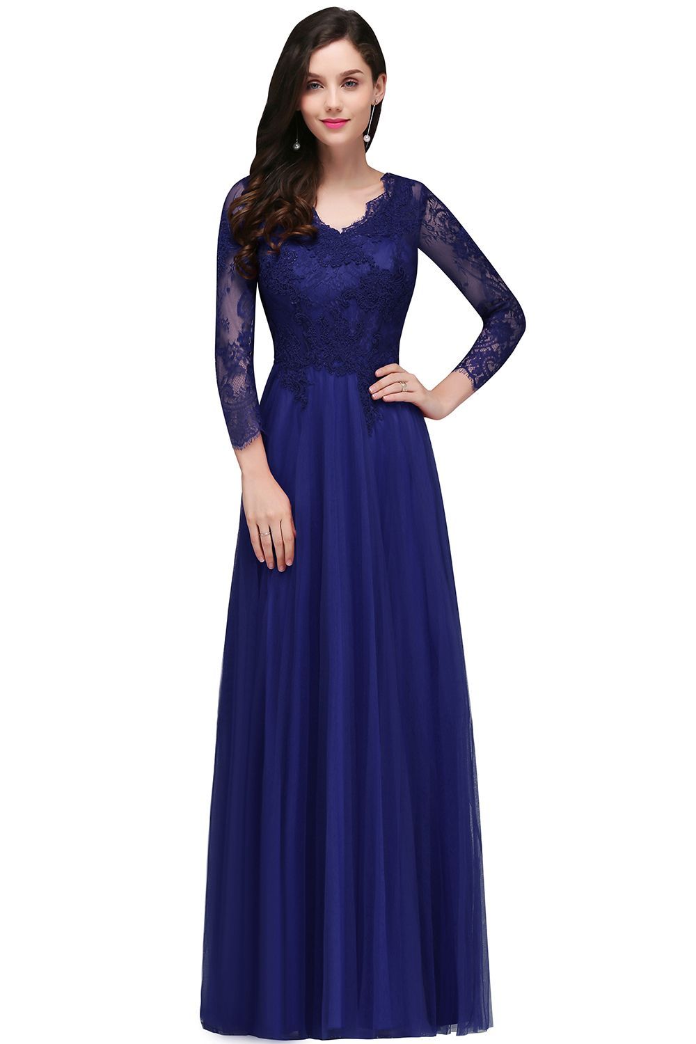 V-Neck Long-Sleeves Burgundy Floor-Length A-line Prom Dress UKes UK