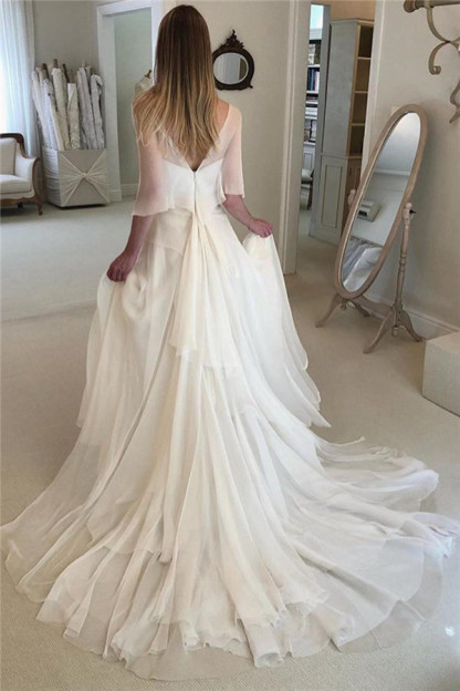 Elegant Applique Tiered Elegant Wedding Dresses UK Sheer Longsleeves Backless Floral Bridal Gowns-27Dress.co.uk