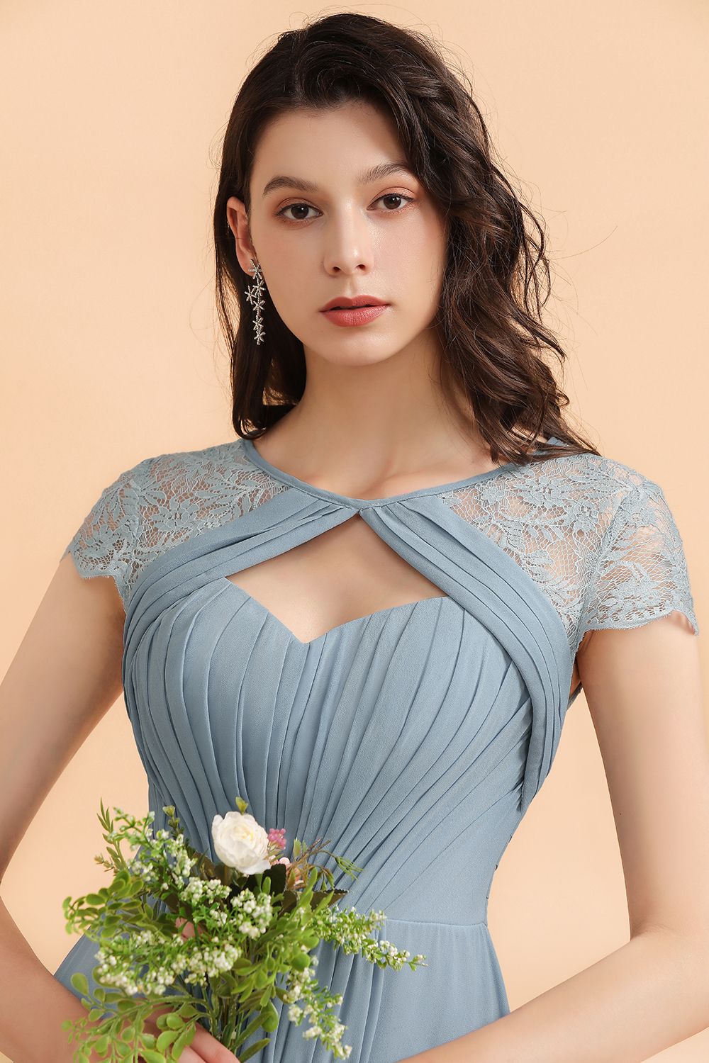 Elegant Short Sleeve Lace Chiffon Bridesmaid Dress Dusty Blue Formal Dress