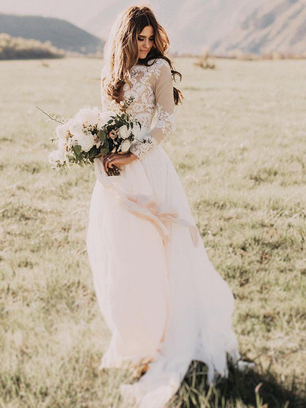 Long Sleeves Floor-Length Applique Tulle A-Line Scoop Neckline Wedding Dresses UK
