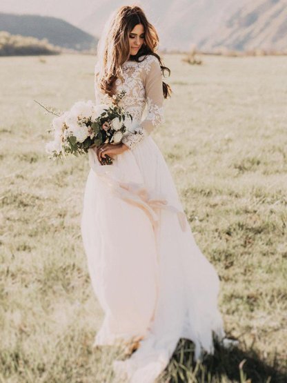 Long Sleeves Floor-Length Applique Tulle A-Line Scoop Neckline Wedding Dresses UK