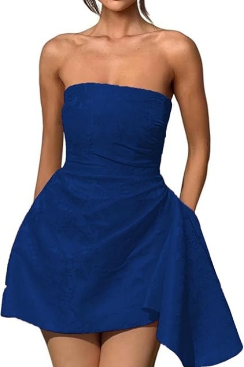Strapless Ruched Satin Short Party Dress Sleeveless Knee Length Jacquard Homecoming Dress with Pocket