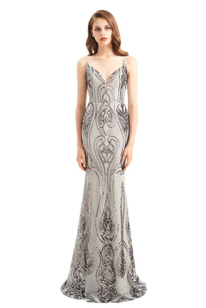 Deep V-Neck Spaghetti Straps Glitter Sleeveless Mermaid Prom Dress