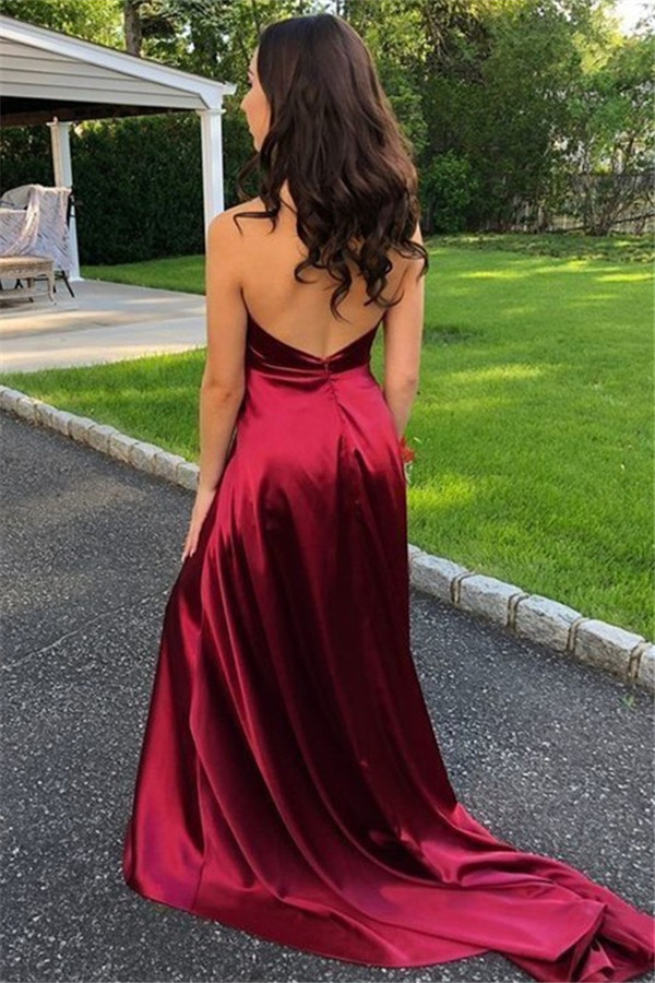 Burgundy Halter Ruffles Sleeveless Prom Dress UKes UK Side Slit Open Back Evening Dress UKes UK