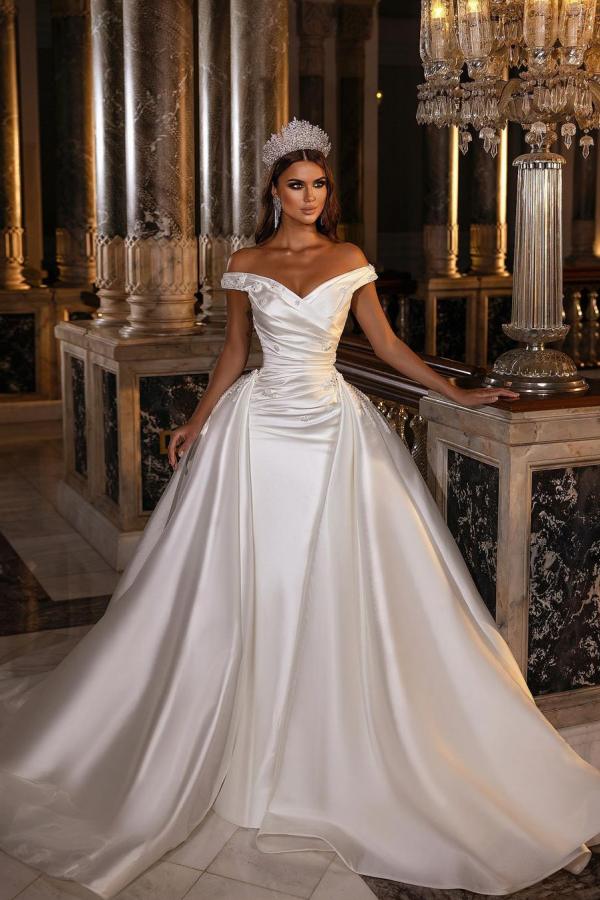 Off-the-Shoulder White Satin Mermaid Wedding Gown with Detachable Sweep Train-27Dress.co.uk