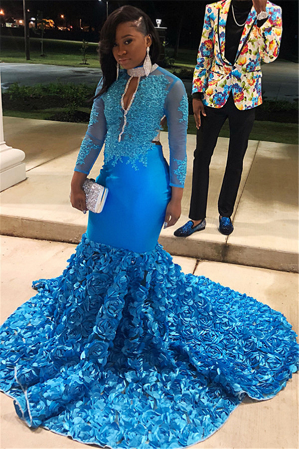 Simple Blue Sheer Tulle Long Sleeves Floral Lace Applique Elegant Trumpt Prom Dress UKes UK UK