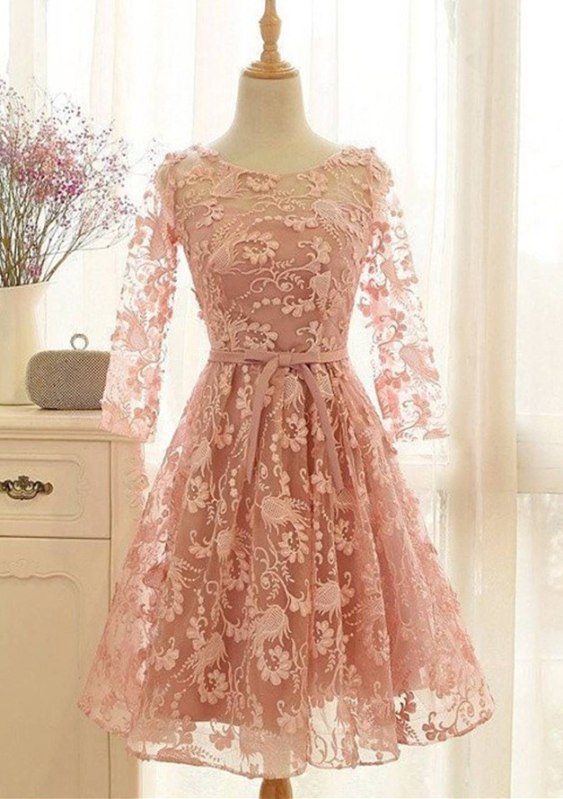 Lovely Long-Sleeve Pink Homecoming Dress UK Lace Short Prom Party Gowns