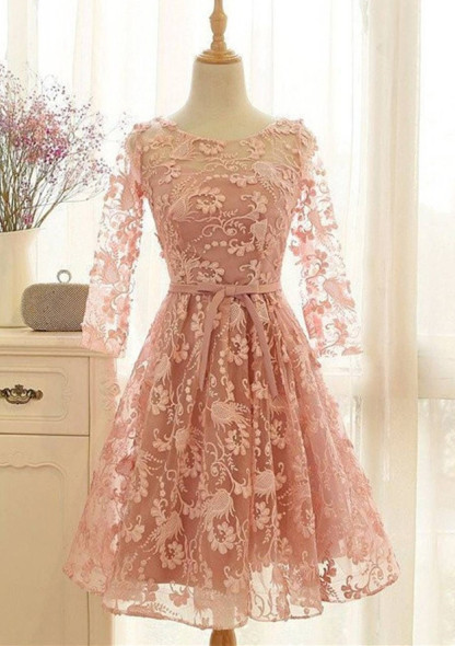 Lovely Long-Sleeve Pink Homecoming Dress UK Lace Short Prom Party Gowns