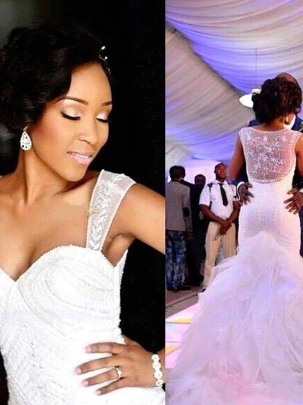 Tulle Sexy Mermaid Beads Sleeveless Sweetheart Court Train Wedding Dresses UK