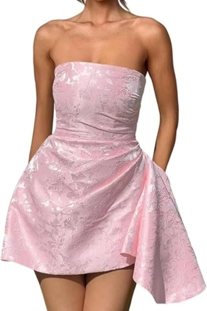 Strapless Ruched Satin Short Party Dress Sleeveless Knee Length Jacquard Homecoming Dress with Pocket