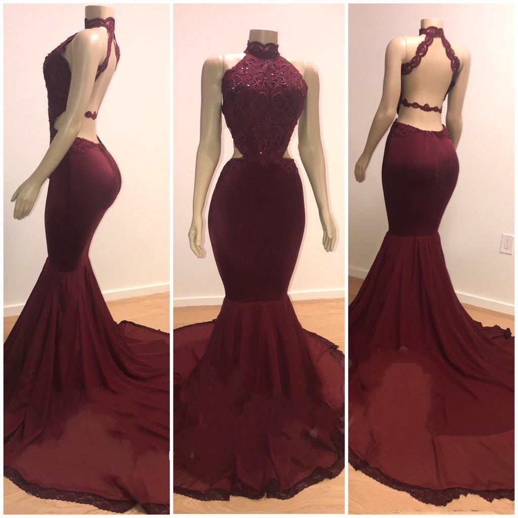 Lace Top High Neck Elegant Trumpt Long Wine Red Maroon Prom Dress UKes UK UK