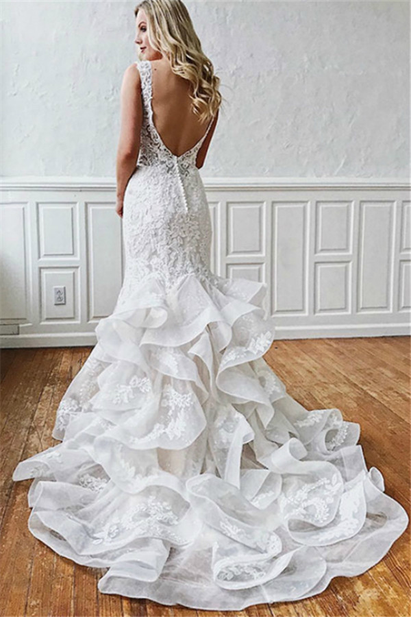 Lace V-Neck Sexy Mermaid Wedding Dresses UK | Sheer Ruffles Sleeveless Backless Floral Bridal Gowns