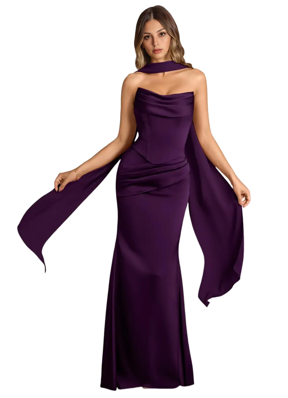 Strapless Satin with Scarf Convertible Long Mermaid Prom Dresses