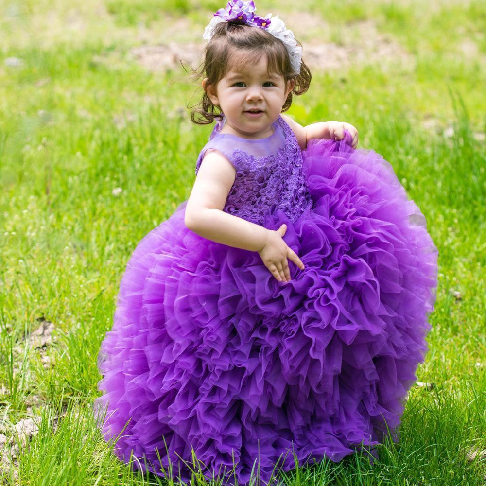 Floor-Length Lovely Lace Purple Ball-Gown Sleeveless Flower-Girl Dress