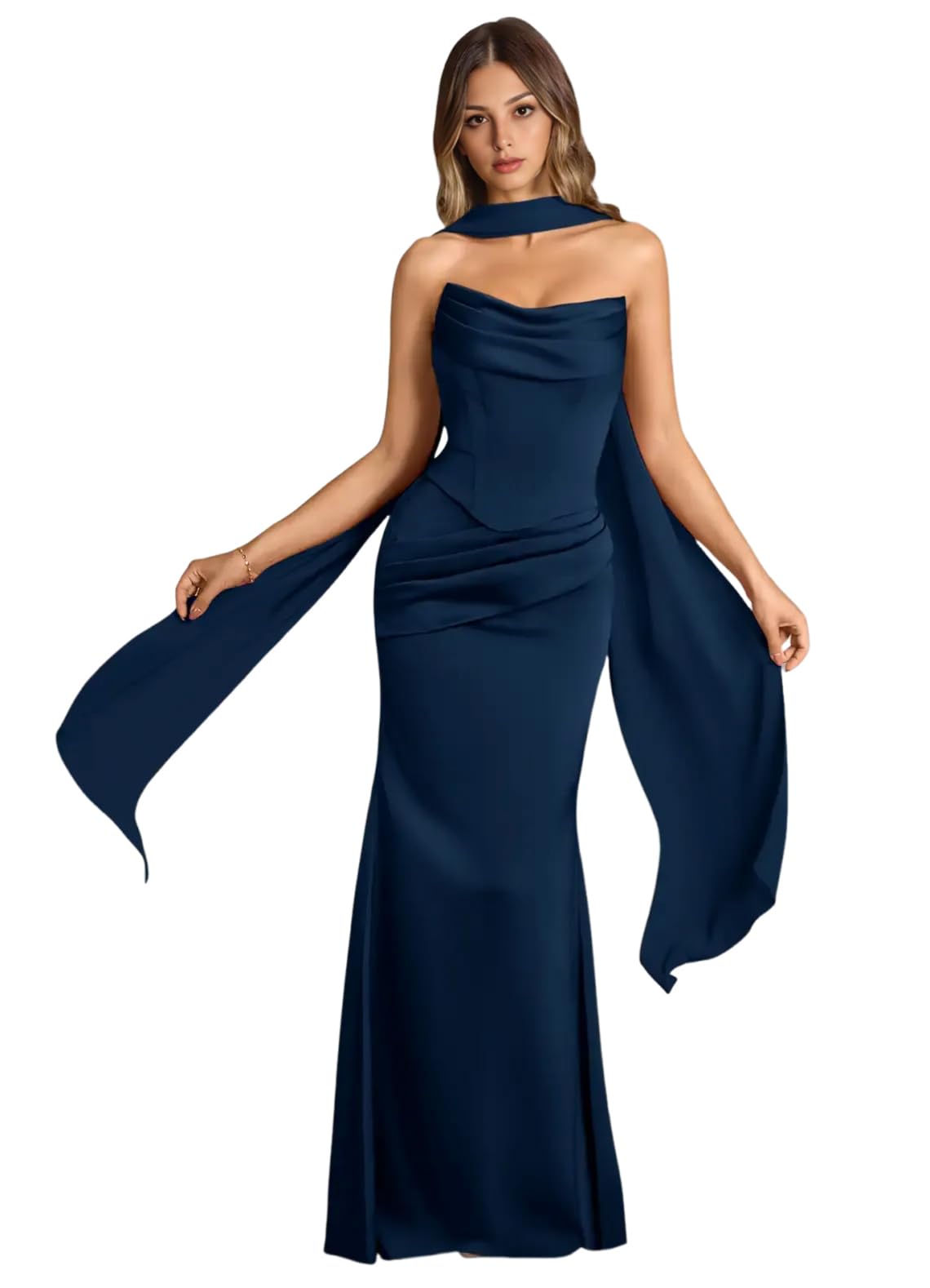 Strapless Satin with Scarf Convertible Long Mermaid Prom Dresses