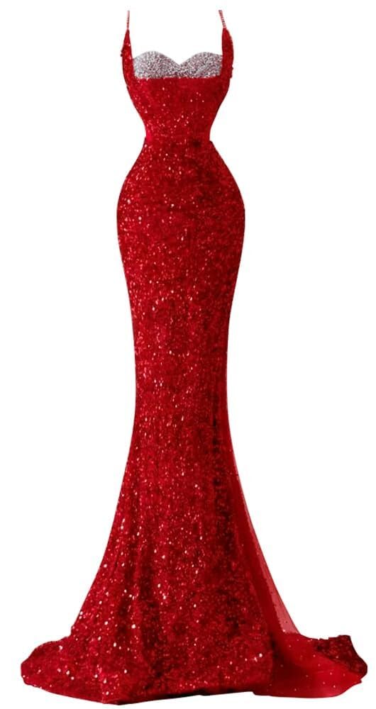 Spaghetti Straps Sequin Mermaid Long Prom Dresses  with Slit