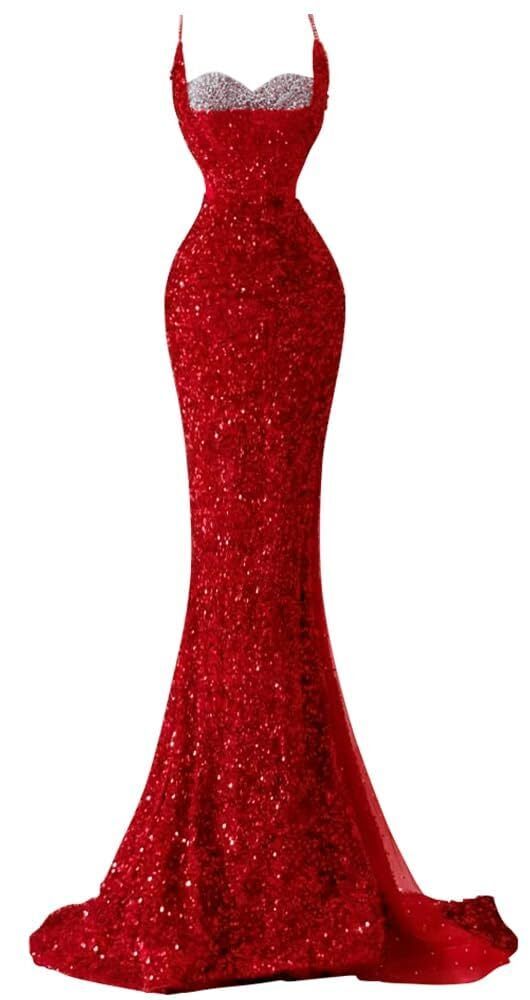 Spaghetti Straps Sequin Mermaid Long Prom Dresses  with Slit