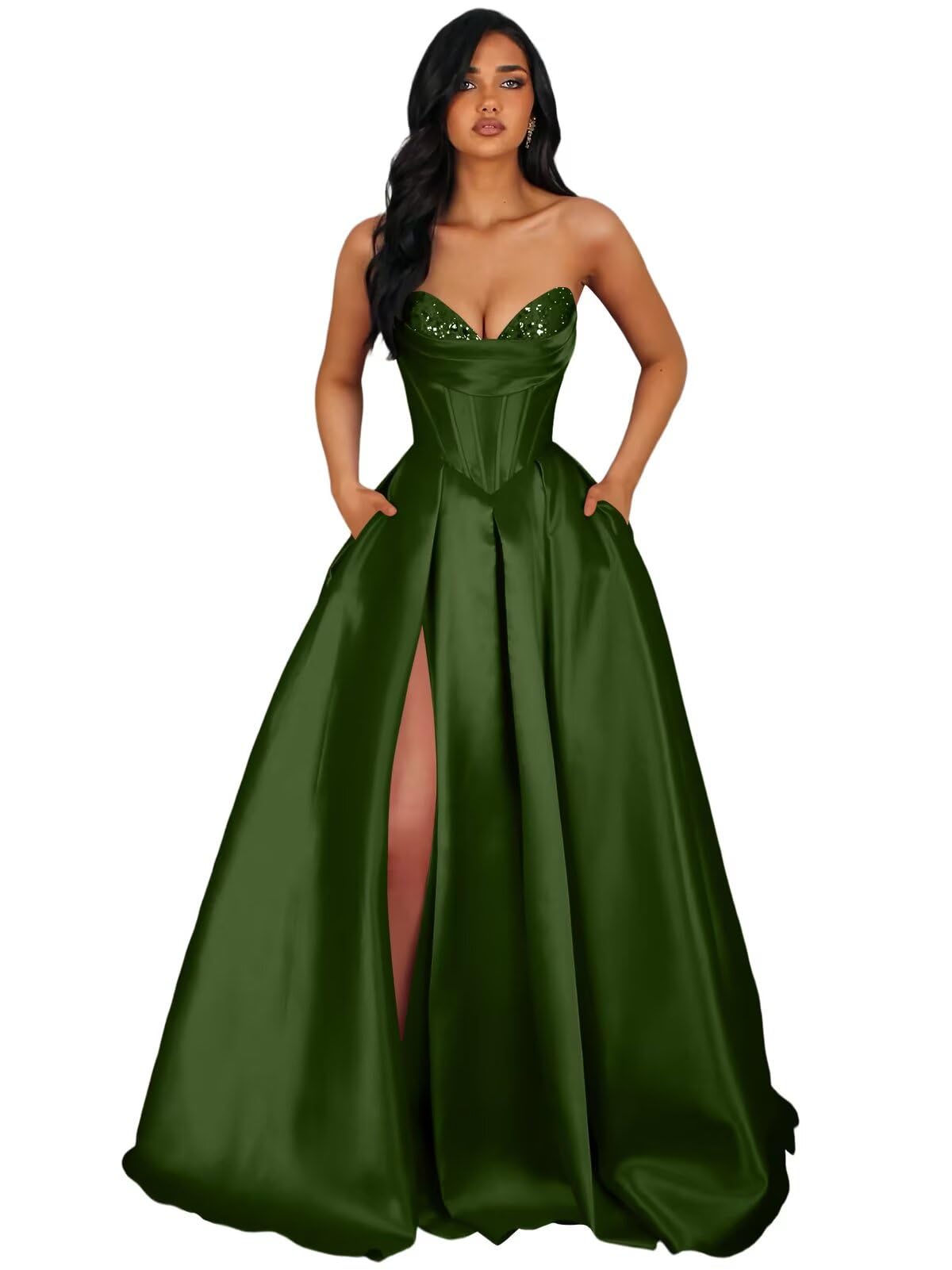 Strapless Satin Prom Dresses Long Formal Evening Cocktail Dress with Slit