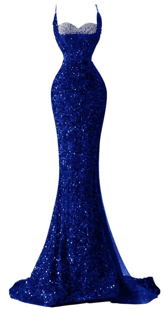 Spaghetti Straps Sequin Mermaid Long Prom Dresses  with Slit