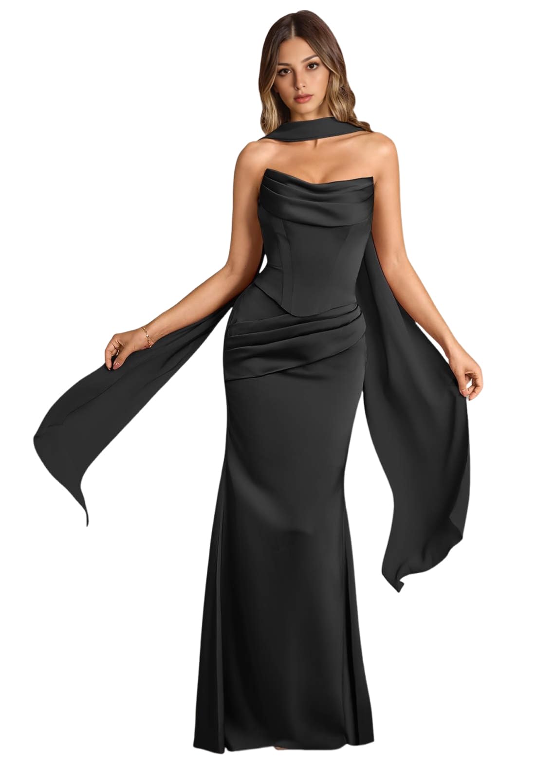 Strapless Satin with Scarf Convertible Long Mermaid Prom Dresses