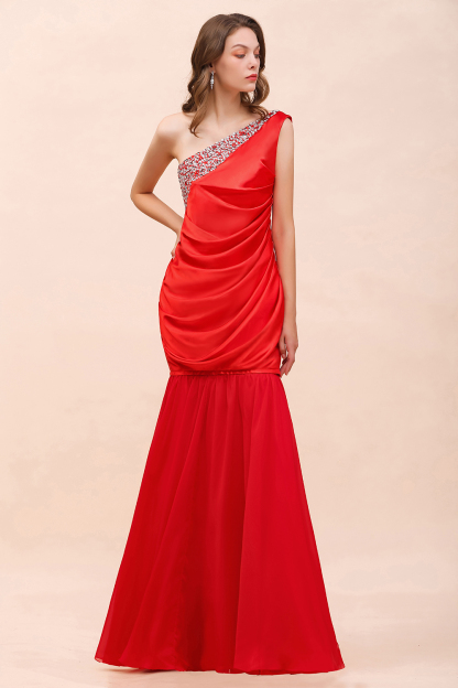 One Shoulder Red Beadings Long Bridesmaid Dress with Detachable Skirt