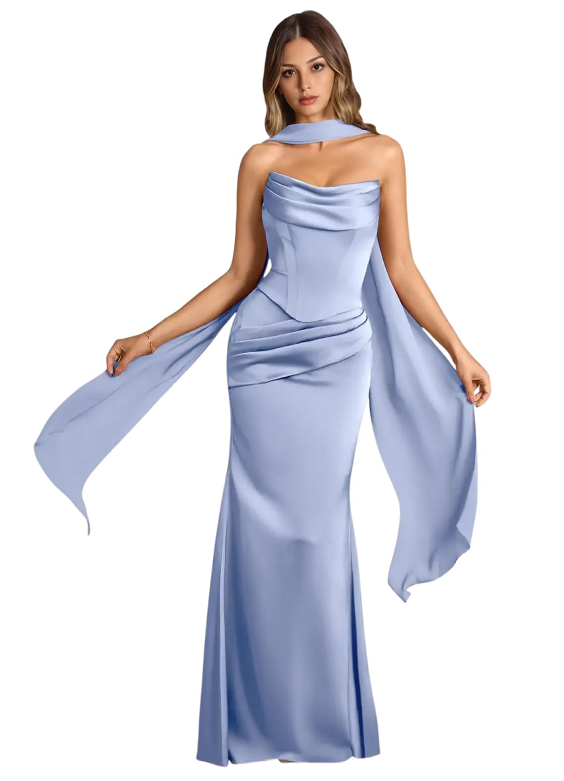 Strapless Satin with Scarf Convertible Long Mermaid Prom Dresses