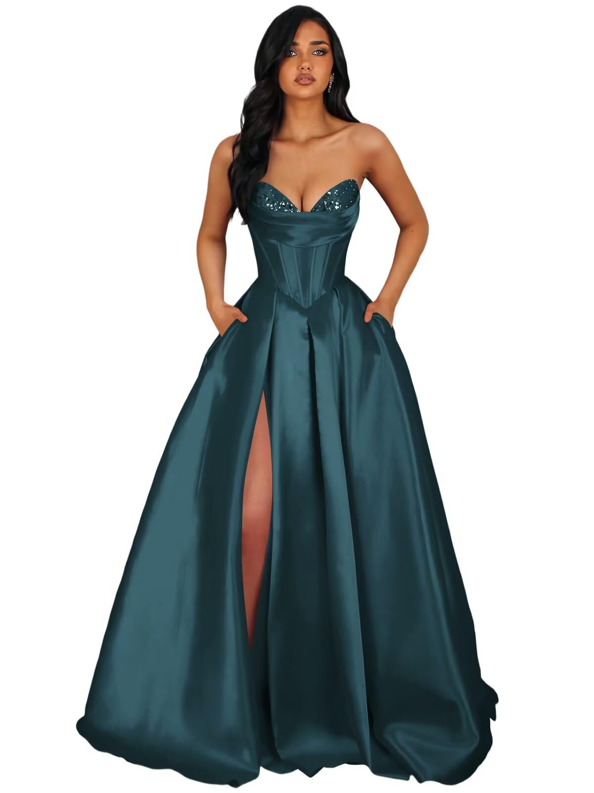 Strapless Satin Prom Dresses Long Formal Evening Cocktail Dress with Slit