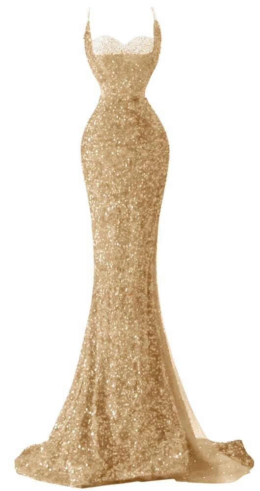 Spaghetti Straps Sequin Mermaid Long Prom Dresses  with Slit