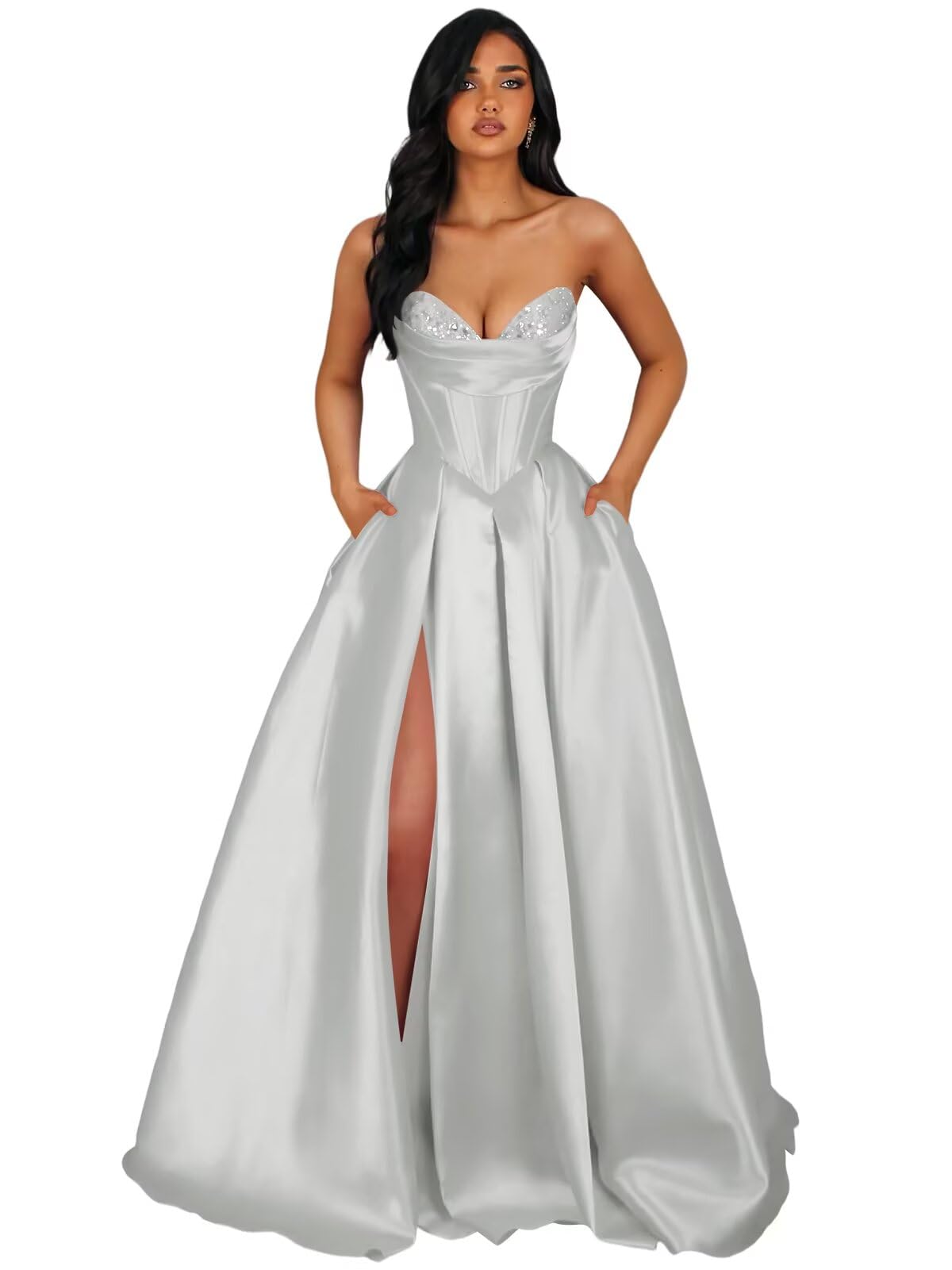 Strapless Satin Prom Dresses Long Formal Evening Cocktail Dress with Slit