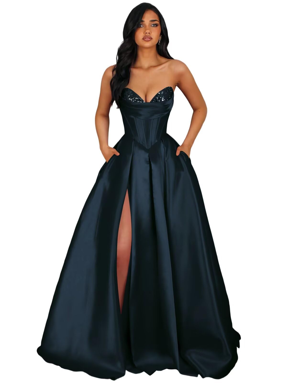 Strapless Satin Prom Dresses Long Formal Evening Cocktail Dress with Slit