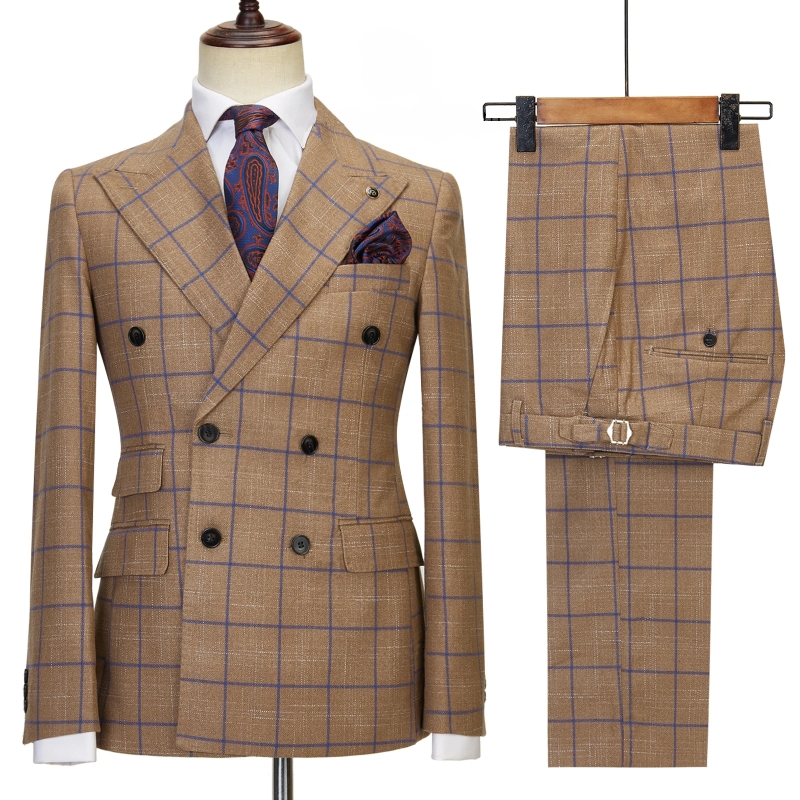 Mark Fancy Coffee Plaid Peaked Lapel Double Breasted Business Suits