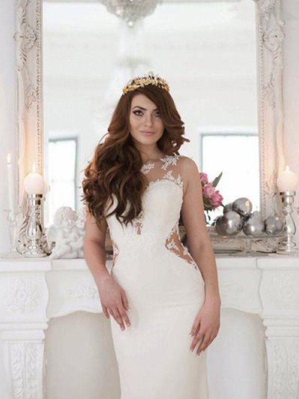 Sexy Mermaid Sweep Train Applique Lace Sleeveless Scoop Neckline Wedding Dresses UK