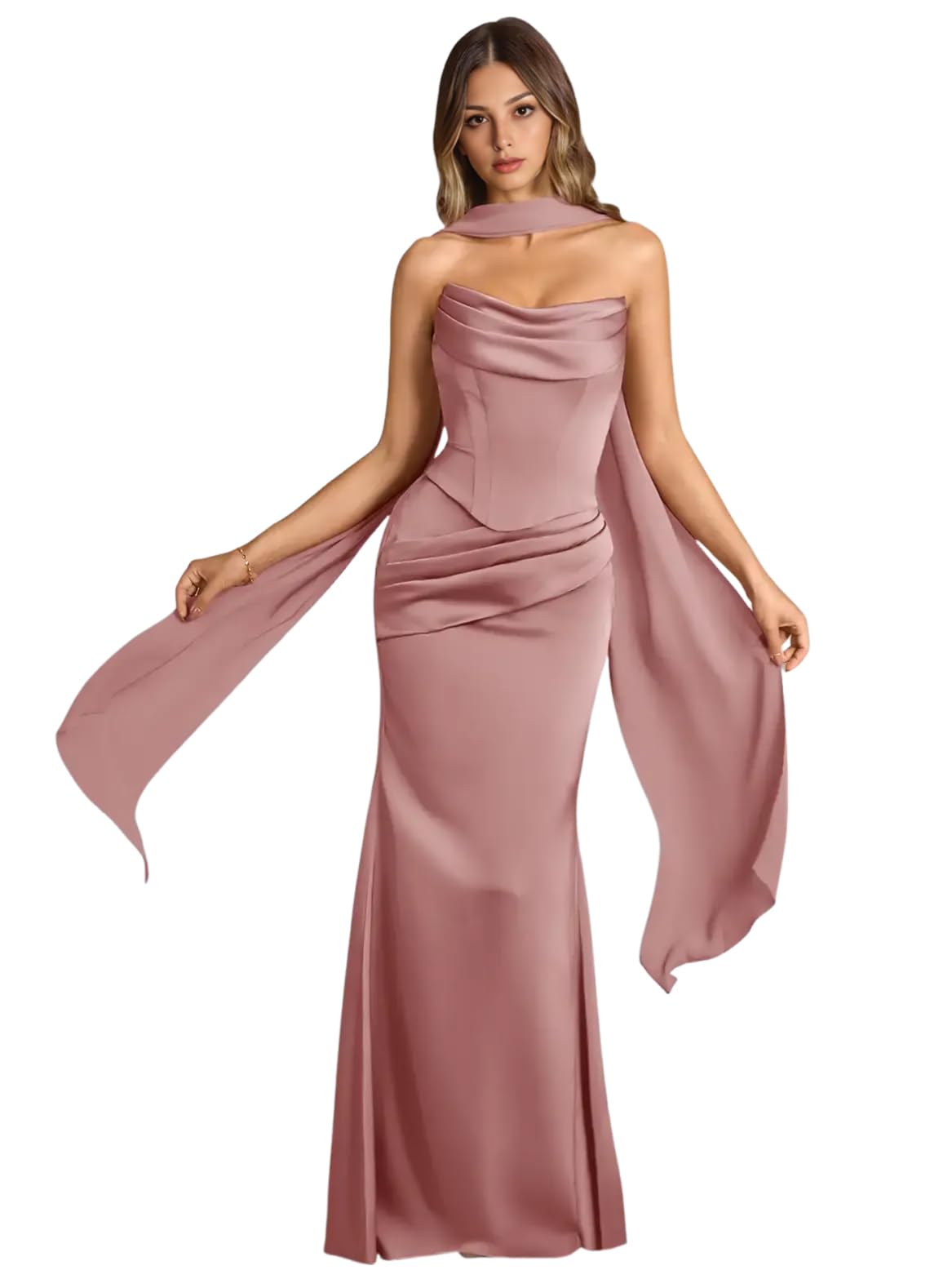 Strapless Satin with Scarf Convertible Long Mermaid Prom Dresses