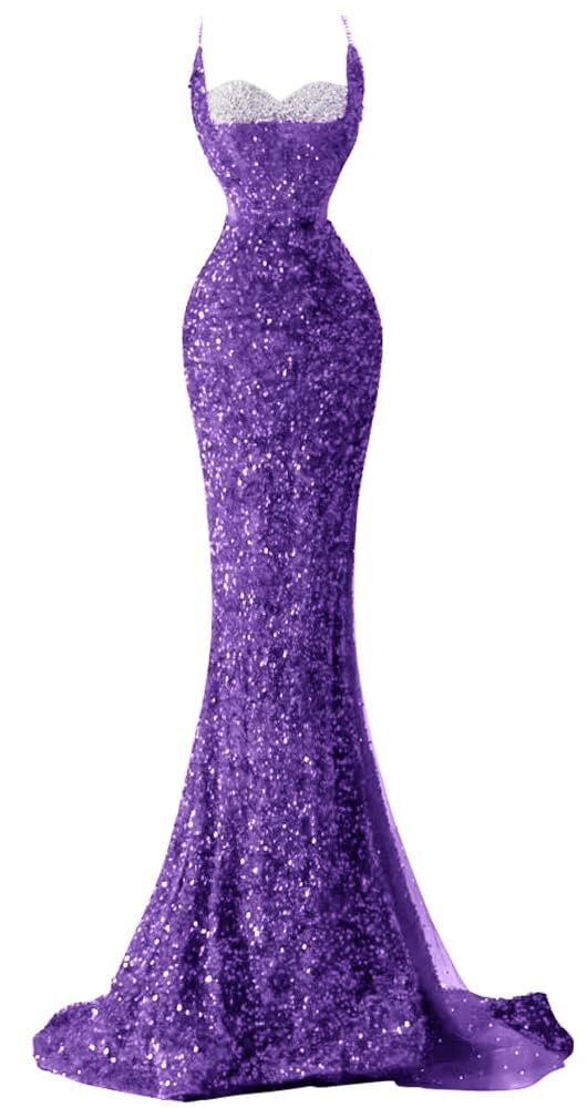Spaghetti Straps Sequin Mermaid Long Prom Dresses  with Slit