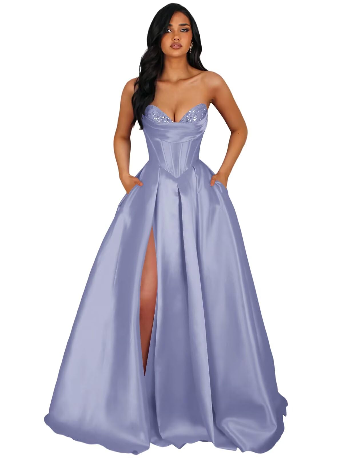 Strapless Satin Prom Dresses Long Formal Evening Cocktail Dress with Slit