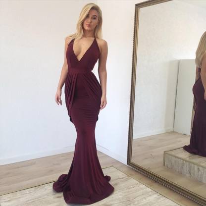 Halter V-neck Draped Long Mermaid Evening Gowns UK-27Dress.co.uk
